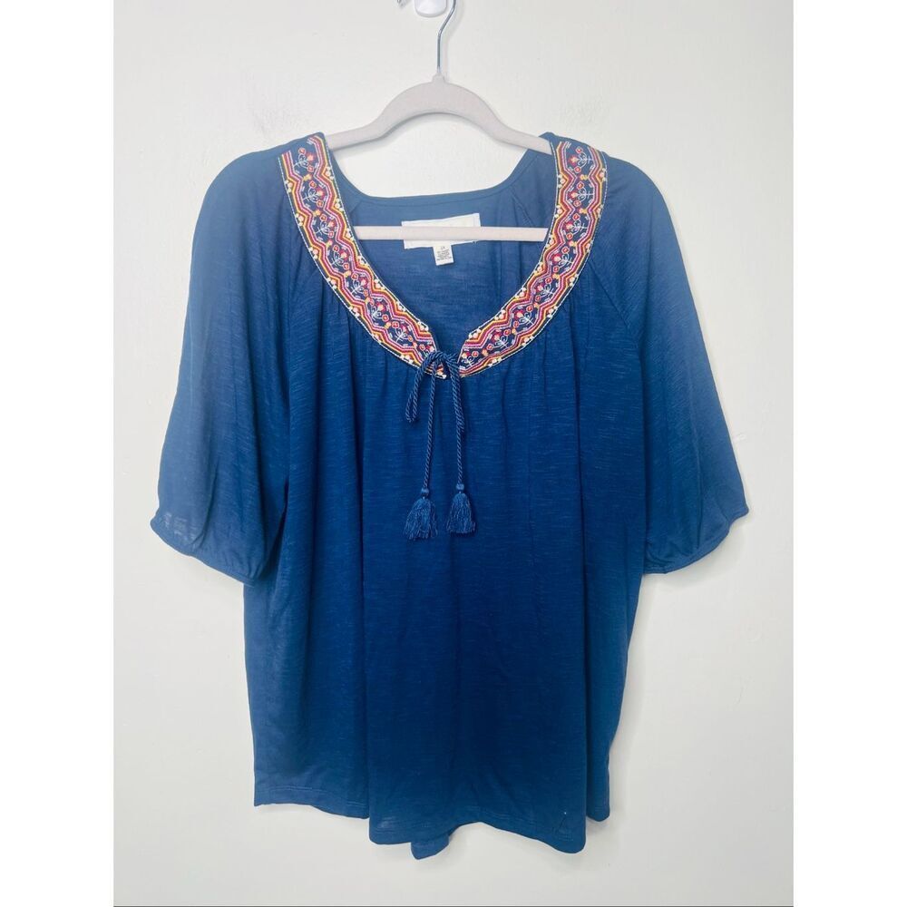 French Laundry Navy Blue Red Yellow Embroidered Tassel Tie Top Short Sleeve Sz 2